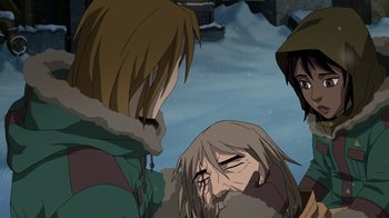 Movie still from “Batman: Death in the Family” (2020), directed by Brandon Vietti – A group of people standing next to each other in the snow; Close Up shot, Over the shoulder angle