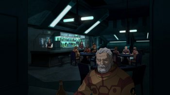 Movie still from “Batman: Death in the Family” (2020), directed by Brandon Vietti – An old man sitting at a table in front of a bunch of people; Wide shot, High angle