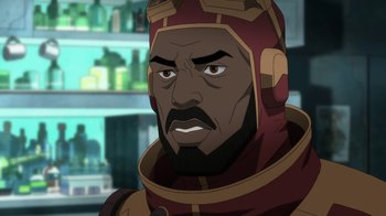 Movie still from “Batman: Death in the Family” (2020), directed by Brandon Vietti – An image of an animated character with a beard; Close Up shot, Over the shoulder angle