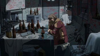 Movie still from “Batman: Death in the Family” (2020), directed by Brandon Vietti – An animated scene of a person in a room with a lot of bottles on the table; Wide shot, High angle