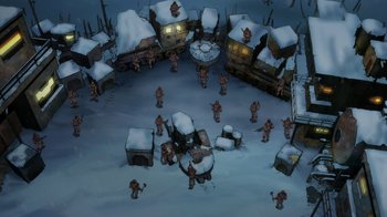 Movie still from “Batman: Death in the Family” (2020), directed by Brandon Vietti – An aerial view of a town with snow on the ground; Extreme Wide shot, High angle