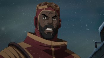 Movie still from “Batman: Death in the Family” (2020), directed by Brandon Vietti – An animated picture of a man with a beard and glasses; Close Up shot, Low angle