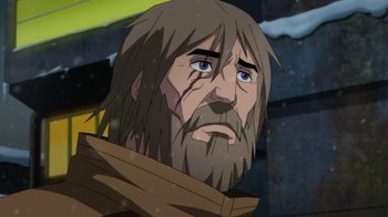Movie still from “Batman: Death in the Family” (2020), directed by Brandon Vietti – An animated man with long hair and a beard; Close Up shot, Low angle