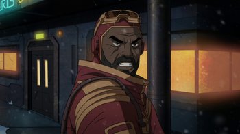 Movie still from “Batman: Death in the Family” (2020), directed by Brandon Vietti – An image of an animated character in a cartoon style; Close Up shot, Low angle