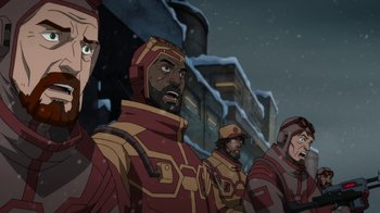 Movie still from “Batman: Death in the Family” (2020), directed by Brandon Vietti – A group of men standing next to each other in front of a building; Close Up shot, Low angle