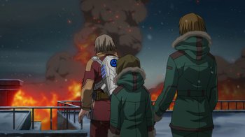 Movie still from “Batman: Death in the Family” (2020), directed by Brandon Vietti – A group of people standing in front of a burning building; Wide shot, Over the shoulder angle