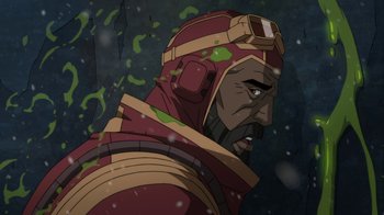 Movie still from “Batman: Death in the Family” (2020), directed by Brandon Vietti – An illustration of a man with a helmet on his head; Close Up shot, Low angle