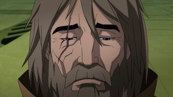 Movie still from “Batman: Death in the Family” (2020), directed by Brandon Vietti – An illustration of a man with long hair and a beard; Close Up shot, Low angle