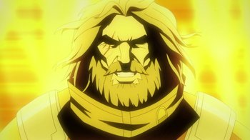 Movie still from “Batman: Death in the Family” (2020), directed by Brandon Vietti – A man with long blonde hair and a beard; Close Up shot, Low angle