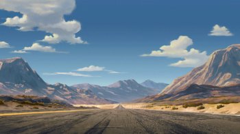 Movie still from “Batman: Death in the Family” (2020), directed by Brandon Vietti – An empty road in the middle of the desert with mountains in the background; Extreme Wide shot, Low angle