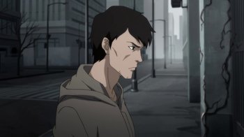 Movie still from “Batman: Death in the Family” (2020), directed by Brandon Vietti – An animated man is standing in the street; Medium shot, Over the shoulder angle