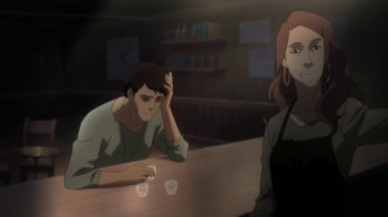 Movie still from “Batman: Death in the Family” (2020), directed by Brandon Vietti – A man and a woman sitting at a table with drinks; Medium shot, Over the shoulder angle