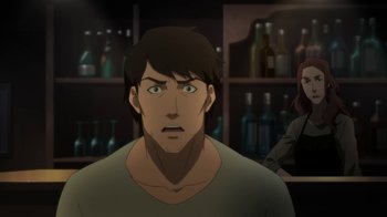 Movie still from “Batman: Death in the Family” (2020), directed by Brandon Vietti – An animated picture of a man with his mouth wide open; Medium shot, Over the shoulder angle