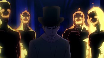 Movie still from “Batman: Death in the Family” (2020), directed by Brandon Vietti – A man in a top hat with two other men behind him; Medium shot, Over the shoulder angle