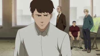 Movie still from “Batman: Death in the Family” (2020), directed by Brandon Vietti – A man in a white dress shirt is looking at the camera while another man in a brown suit sits in the background; Medium shot, Over the shoulder angle