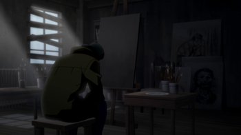 Movie still from “Batman: Death in the Family” (2020), directed by Brandon Vietti – A person sitting in front of an easel in a dark room; Wide shot, High angle