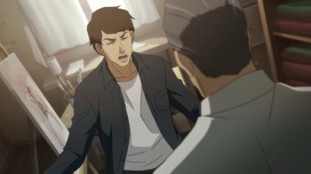 Movie still from “Batman: Death in the Family” (2020), directed by Brandon Vietti – An animated scene of a man talking to another man; Medium shot, Over the shoulder angle