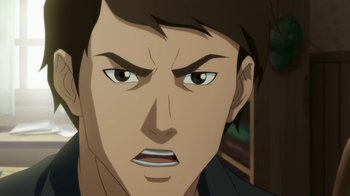 Movie still from “Batman: Death in the Family” (2020), directed by Brandon Vietti – A man's face as he stares into the camera; Close Up shot, High angle