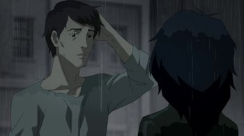 Movie still from “Batman: Death in the Family” (2020), directed by Brandon Vietti – A man standing next to a woman in the rain; Close Up shot, Over the shoulder angle