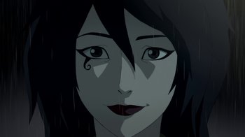 Movie still from “Batman: Death in the Family” (2020), directed by Brandon Vietti – A woman's face in a black and white painting; Close Up shot, Low angle