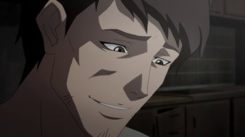 Movie still from “Batman: Death in the Family” (2020), directed by Brandon Vietti – A man's face in a dark room; Close Up shot, Over the shoulder angle