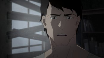 Movie still from “Batman: Death in the Family” (2020), directed by Brandon Vietti – An animated man with his mouth wide open looking sad; Close Up shot, Over the shoulder angle