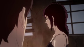 Movie still from “Batman: Death in the Family” (2020), directed by Brandon Vietti – A woman looking at another woman in a dark room; Close Up shot, Over the shoulder angle