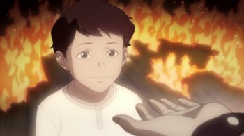 Movie still from “Batman: Death in the Family” (2020), directed by Brandon Vietti – A young boy in front of a burning fire; Close Up shot, High angle