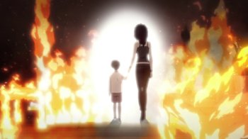 Movie still from “Batman: Death in the Family” (2020), directed by Brandon Vietti – A woman and a child holding hands in front of fire; Wide shot, Low angle