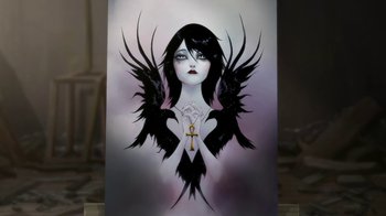 Movie still from “Batman: Death in the Family” (2020), directed by Brandon Vietti – A painting of a woman with black feathers on her body; Extreme Close Up shot, Overhead angle