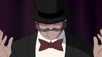 Movie still from “Batman: Gotham by Gaslight” (2018), directed by Sam Liu – An illustration of a man wearing a top hat and a bow tie; Close Up shot, Low angle