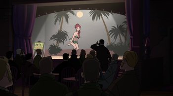 Movie still from “Batman: Gotham by Gaslight” (2018), directed by Sam Liu – An animated scene of a woman on a stage with palm trees in the background; Wide shot, Over the shoulder angle