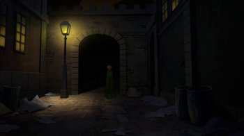 Movie still from “Batman: Gotham by Gaslight” (2018), directed by Sam Liu – An animated picture of a street light and a building; Extreme Wide shot, High angle