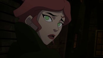 Movie still from “Batman: Gotham by Gaslight” (2018), directed by Sam Liu – The face of a woman with green eyes; Close Up shot, Over the shoulder angle
