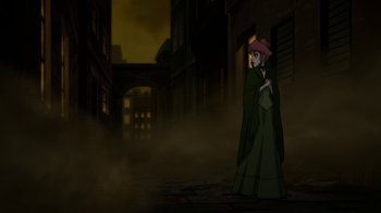 Movie still from “Batman: Gotham by Gaslight” (2018), directed by Sam Liu – An animated woman standing in the middle of a street; Wide shot, Over the shoulder angle