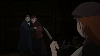 Movie still from “Batman: Gotham by Gaslight” (2018), directed by Sam Liu – A man holding a knife in front of two men; Medium shot, Over the shoulder angle