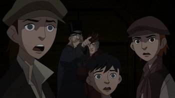 Movie still from “Batman: Gotham by Gaslight” (2018), directed by Sam Liu – A group of people standing in a room; Close Up shot, Over the shoulder angle