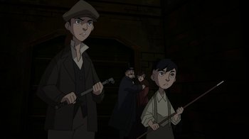 Movie still from “Batman: Gotham by Gaslight” (2018), directed by Sam Liu – A group of men standing next to each other; Medium shot, High angle