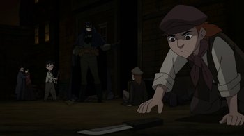 Movie still from “Batman: Gotham by Gaslight” (2018), directed by Sam Liu – A group of people sitting on the ground in a room; Medium shot, High angle