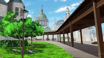 Movie still from “Batman: Gotham by Gaslight” (2018), directed by Sam Liu – An illustration of a park with a view of a building; Extreme Wide shot, Low angle