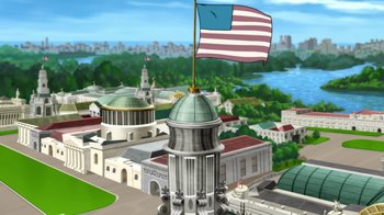 Movie still from “Batman: Gotham by Gaslight” (2018), directed by Sam Liu – An american flag flying on top of a building; Extreme Wide shot, High angle