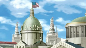 Movie still from “Batman: Gotham by Gaslight” (2018), directed by Sam Liu – An american flag flies on top of a building; Extreme Wide shot, Low angle