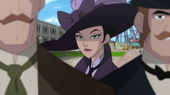 Movie still from “Batman: Gotham by Gaslight” (2018), directed by Sam Liu – An animated picture of a woman in a purple hat; Close Up shot, Over the shoulder angle