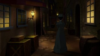 Movie still from “Batman: Gotham by Gaslight” (2018), directed by Sam Liu – An animated picture of a woman in a dark alley; Wide shot, High angle
