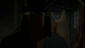 Movie still from “Batman: Gotham by Gaslight” (2018), directed by Sam Liu – A person wearing a top hat; Close Up shot, Over the shoulder angle