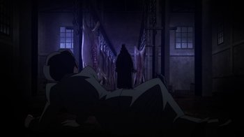 Movie still from “Batman: Gotham by Gaslight” (2018), directed by Sam Liu – A man laying on the ground next to a bunch of pigs; Wide shot, Over the shoulder angle