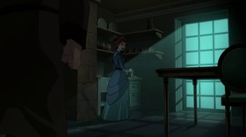 Movie still from “Batman: Gotham by Gaslight” (2018), directed by Sam Liu – A woman standing in a kitchen with a knife in her hand; Wide shot, Over the shoulder angle