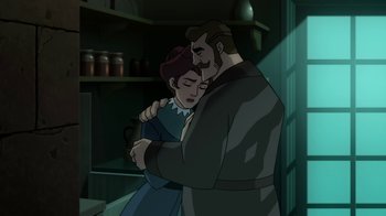Movie still from “Batman: Gotham by Gaslight” (2018), directed by Sam Liu – An animated man and a woman hugging in a kitchen; Medium shot, Over the shoulder angle