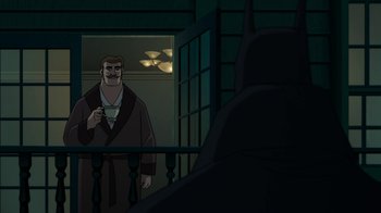 Movie still from “Batman: Gotham by Gaslight” (2018), directed by Sam Liu – A man in a bathrobe is reflected in a mirror; Medium shot, Over the shoulder angle