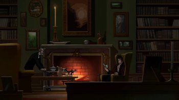 Movie still from “Batman: Gotham by Gaslight” (2018), directed by Sam Liu – A man sitting in a chair in front of a fire place; Extreme Wide shot, High angle